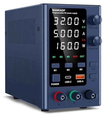 DC Power Supply 0-30V 0-5A, Lab DC Power Supply Variable with Memory Storage, Bench Power Supply with Encoder Adjustment & USB-A/Type-C Fast Charging Interface