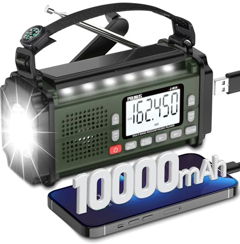 PRUNUS NOAA 924 Radio solaire à manivelle 10 000 mAh, alimentée par batterie et chargement USB, radio météo AM/FM/SW, lampe de poche et lampe de lecture, alarme SOS, boussole pour camping 924