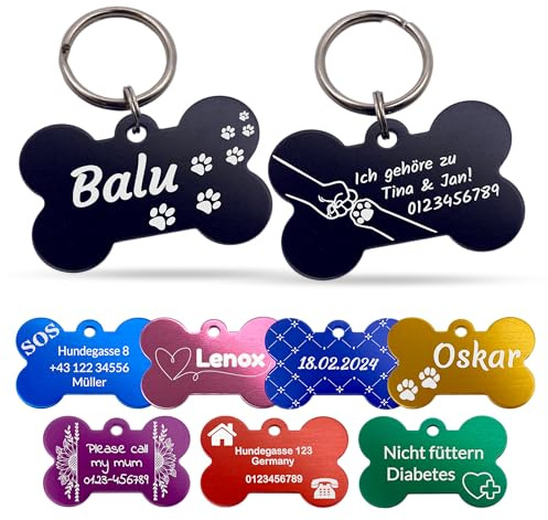 Unikat Branding | Plaque signalétique pour chien en emballage unique, chien, chat et maître, personnalisable, des deux côtés avec gravure | os | 38 mm (bleu)