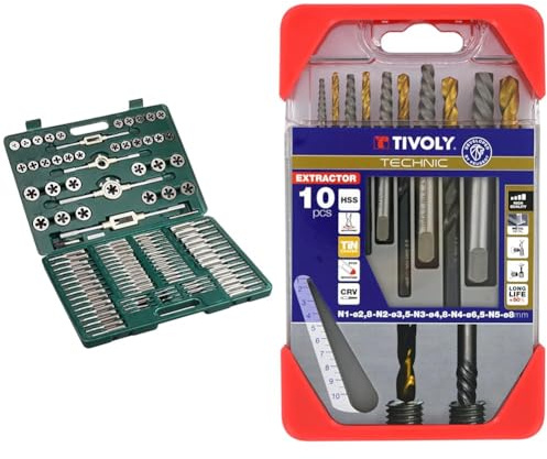 Mannesmann 53255 Coffret Tarauds et Filières 110 Pièces (Import Allemagne) & TIVOLY Coffret Forets Extracteurs de Vis Cassée + HSS Revêtement TiN - 5 Extracteurs N1