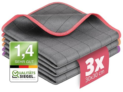 Lavandola® 3X Fenstertuch - Für kristallklare & streifenfreie Scheiben - 30x30cm Carbon Tücher für den Haushalt - Microfasertuch Fenster, Microfaser Fensterputztuch, Glas Tuch