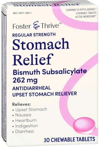 Foster & Thrive Stomach Relief Chewable Tablets for Nausea, Heartburn, Indigestion, Upset Stomach, Diarrhea - Fast Relief for 5 Symptoms, Antidiarrheal, Bismuth Subsalicylate 262 mg, 30 Tablets (1)