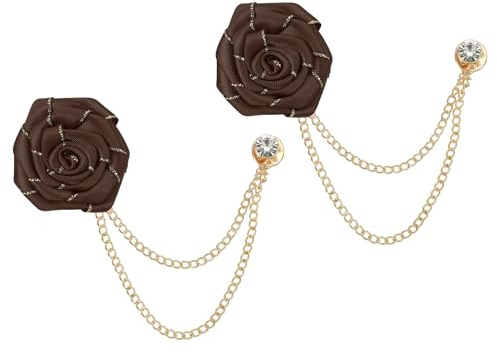 QUARKZMAN 2 Stück Bräutigam Broschen Rosenblume 1,77 Zoll Reversnadel Braun | Stofflegierung, Mit Quastenkette/Anzugsknopf/Goldbesatz, Für Hochzeitsmänneranzug Accessoires