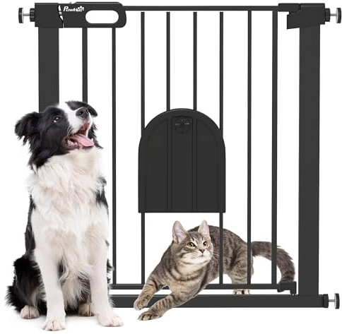 PawHut Barrière de sécurité Animaux de 76H cm barrière Chien Chat avec Porte Fermeture Automatique système de Double Verrouillage Fixation par Pression de 75 à 82 cm Acier et ABS Noir
