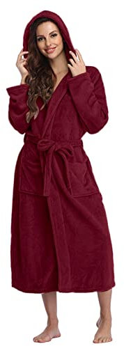 Fleece-Bademantel mit Kapuze, langer Morgenmantel für Damen, mer Bademantel mit Taschen und Gürtel, Kapuzenmantel, Baumwoll-Fleece-Robe, Schlaf-Hoodie, einfarbig, Winter-Bademantel, bequem,