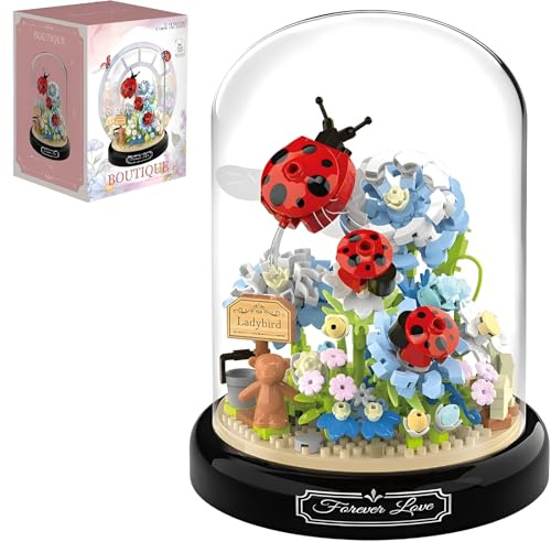 Unativer Blumen Bausteine Set, 596 Teile Insekten Blumenstrauß Micro Mini Modell Spielzeug, Künstliche Insekten Pflanzen Set mit Staubdichte Kuppel Und Sockel, Heimdekoration, Ideen Geschenk (P2283)