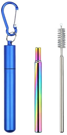 Cannuccia pieghevole, portatile, pieghevole, set con cannuccia per navi da crociera, cannucce in acciaio inox con spazzola per la pulizia e moschettone per scuola, picnic