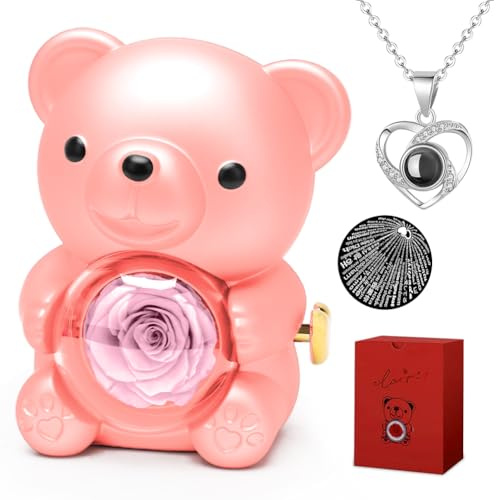 Scatola regalo per orsacchiotto con rose, orso con cuore, collana da donna, scatola regalo con rose, con incisione a doppio cuore, per donne, fidanzata, mamma, festa della mamma, San Valentino (rosa)