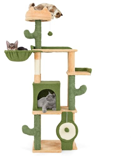 GOPLUS Árbol para Gatos de 160cm, 5 Pisos con Percha, Hamaca, Perrera, Plataforma y Rascador de Sisal con 2 Bolas Colgantes, Verde y Naranja