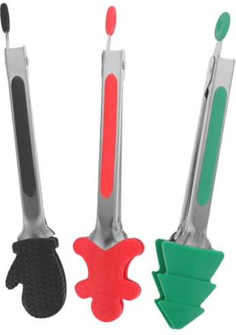 Hoement 3pezzi Pinze Da Cucina Natalizie in Acciaio Resistente Con Punta in Silicone Antiscivolo Di Pinze Alimentari Creative Per Pane Toast e Friggitrice Ad Aria Design Tema Festivo Ottim