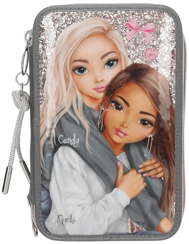Depesche 13315 TOPModel My BFF - Gefüllte 3-Fach Federtasche in Grau und Rosa, mit Model Motiv und Glitzer, Federmappe mit Buntstiften, Schere, Lineal uvm.