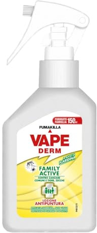 Vape Derm Family Active Lozione Antipuntura Contro Zanzare e Zecche a Base di Icaridina Spray 150 ml Uso Per Adulti e Bambini Efficace e Delicato (1 Unità)