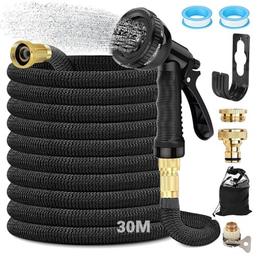 Gartenschlauch Flexibel 30m Dehnbar, Wasserschlauch Flexibel mit 8 Sprühfunktionen, Flexschlauch 1/2 Zoll auf 3/4 Zoll, Garden Hose, für Gartenbewässerung, Autowäsche, Zum Waschen und Gießen