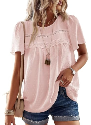 TUUHAW Camiseta Mujer con Cuello Redondo Talla Grande Camisa Suelto Basic Casual Elegante Túnica Encaje Manga Corta Tops Color Sólido Rosa Claro 3XL