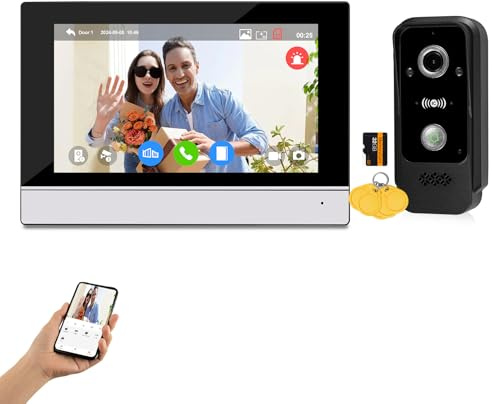 FTes RFKits WiFi-Video-Türklingelsystem mit Kabel, 7-Zoll-Ring-Video-Türklingelkamera mit Monitor, 1080 HD-IR-Nachtsicht für das Zuhause Büro in der Villa (Support RFID Card)