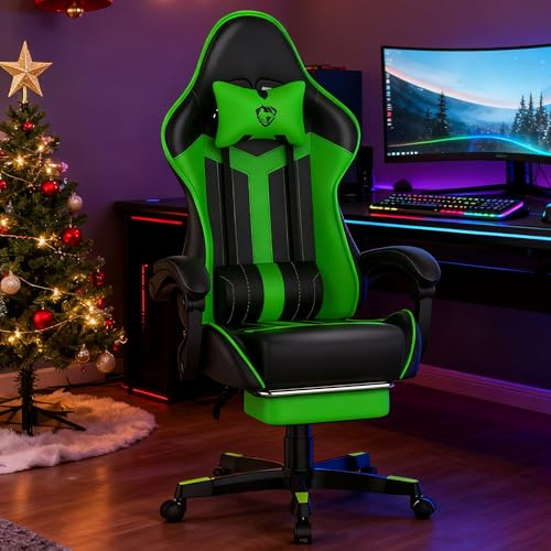 Soontrans Silla Gaming, Silla Gamer Ergonomica con Masajeador, Sillas Gaming con Reposapiés, Cuero sintético, Alfombrilla de ratón, Bandeja de Teclado, Altura Ajustable para Juegos(Negro y Verde)