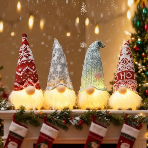 SKIKHN Weihnachtswichtel Figuren LED, 4 Stück Wichtel Figuren Weihnachten Deko, Weihnachtsmann Santa GNOME, Weihnachtswichtel Christmas Decorations