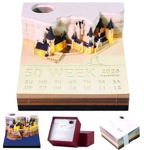 3D-kalender rivning 2026, magiskt castle 3D-anteckningsblock, kreativ bordskalender anteckningsblock, memo-Pad skrivbord med pennhållare, veckokalender pappersskulptur skrivbord ornament (lås med ljus