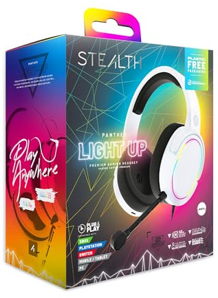 STEALTH Panther RGB-LED-Gaming-Headset, weiß, kompatibel mit PS4/PS5, XBOX, Switch, PC mit flexiblem Mikrofon, 3,5-mm-Klinkenstecker, 1,5 m Kabel, leicht, bequem und langlebig