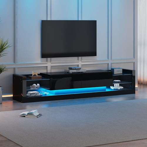 BXEYXE Mueble para TV de alto brillo con iluminación LED de 181 cm – para televisores de hasta 80 pulgadas – Cristal frontal – Dos cajones plegables