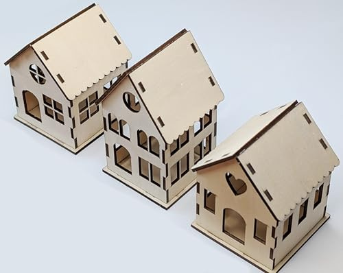 Decorative Wooden Christmas Village Houses, Set of 3, Natural Wood, 77-94 mm Seasonal Craft