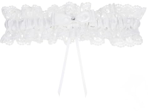 Elegant White Garter for Brides Wedding – Lace Leg Garter with Bow Rhinestone – Bridal Wedding Accessories for Women Girls – Stretchable Wed Elastic Garter Belt for Bridal Shower Party Sexy Accessory