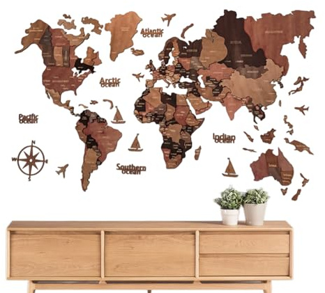 Weltkarte Wandkunst, 3D Wandkunst, dekorative Holzkarte mit Staaten und Großbuchstaben für Zuhause, Schule, Café, Wohnung, Wohnheim, Bildungsgeographische Kunst für Wohnzimmer, Büro