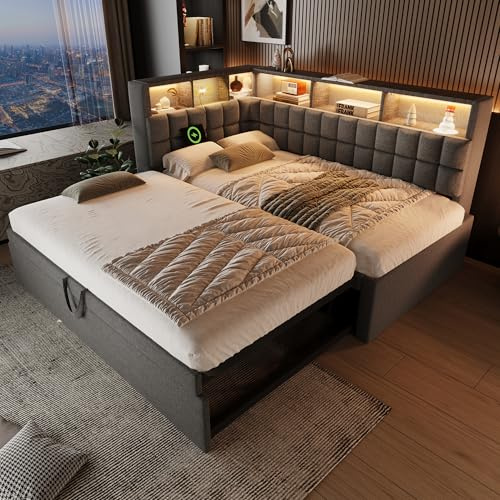 EINHOM Polsterbett 90x200 mit Ausziehbett, Multifunktionales L-Kopfteil mit Stauraumregal, Schlafsofa Gästebett Grau (ohne Matratze)