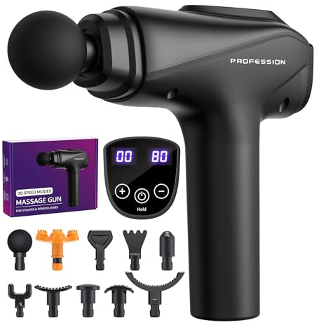 Bemkia Massage Gun Deep Tissue Muscle Percussion Massager 30 Speeds | 10 Heads, Portable, Long Battery Life for Muscle Relaxation, Back Shoulder Pain Relief, Gift-Ready Set
