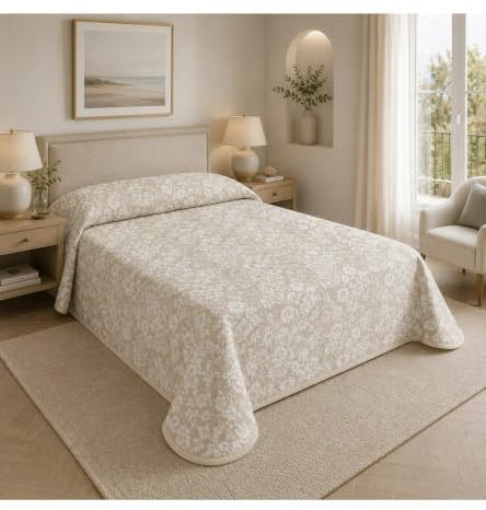SABANALIA Colcha Estampada Bolonia Cama 120 220x280 Verano Primavera | Loneta 180gr/m2, 50% Algodón 50% Poliéster. Fabricada en España. Lavable a máquina. Color Beige.