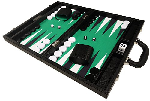 Silverman & Co. 40 cm Backgammon Reise Koffer für Erwachsene – schwarzes Kunstleder – faltbares Backgammon-Set mit grünem Spielfeld sowie schwarzen und weißen Spielpunkten – leicht & tragbar