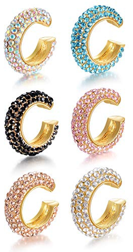 Tornito 6 Pcs Non Pierced CZ Huggie Ear Cuffs Earring for No Piercing Ears Clip Cartilage Earrings for Women