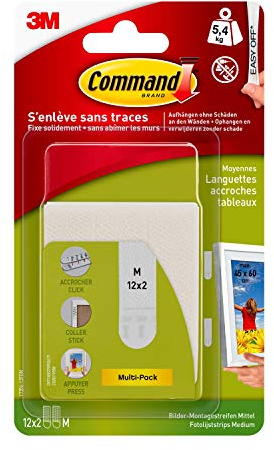Command Klebestreifen, Vorteilspack 12x2 Mittel (24 Strips), Weiß - Bilder Aufhängen ohne Bohren, Streifen halten bis zu 5,4 kg, Rückstandsfreies Ablösen