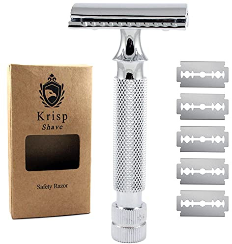 Safety Razors for Men Double Edge Safety Razor for Shaving - Razors for Men Reusable Stainless Steel Manual Cut Throat Single Blade Razor Navajas Para Barbero- 5 Shaving Blades By Krisp Beauty