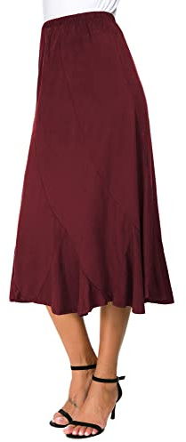 EXCHIC Eleganter Midirock für Damen, knöchellang, Rüschensaum, elastische Taille, Wildleder, Midirock, Weinrot, X-Groß