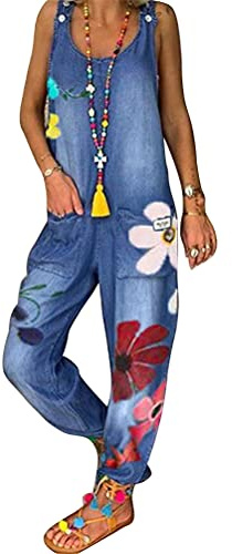 ORANDESIGNE Salopette Larghe da Donna Senza Maniche Boho Tuta Bretelle Pantaloni Estivi a Fiori retrò Salopette in Denim Pantaloni Lunghi a Gamba Larga Pantaloni con Bretelle