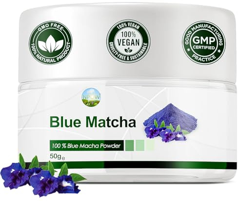 NPOW Blue Pea Flower Tea Powder - Caffeine-Free Pure Blue Matcha Powder, Allergen-Free Herbal Tea Flower, High Antioxidants Powders, Flowering Teas for Smoothies, Baking & Cuisines - 50g