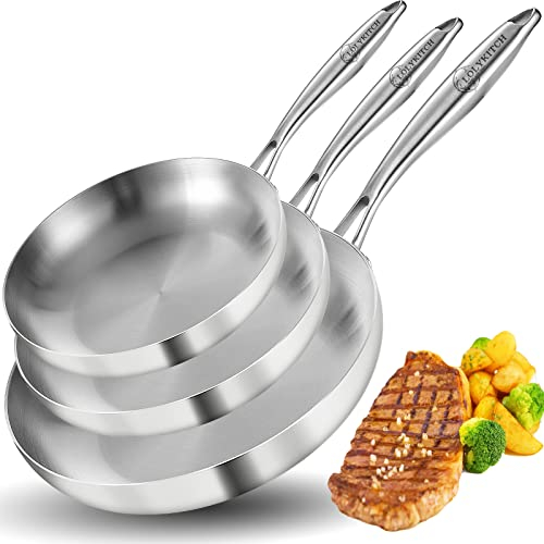 LOLYKITCH Set di 3 padelle in acciaio inox a tre strati da 20-25-30 cm, padelle da chef, padelle, pentole a induzione, pentole e padelle, lavabili in lavastoviglie e utilizzabili in forno.