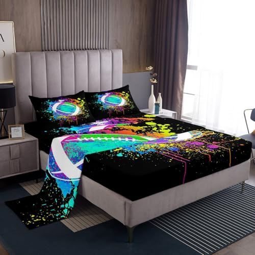Football Print Bedding Sheet Tie Dye Sports Theme Bedding Set for Kids Boys Girls Teens 3D America Football Print Bed Sheets Breathable Soccer Ball Pattern Bed Sheet Set Room Decor Bed Set Full Size