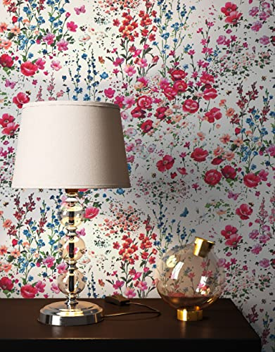 Newroom Vliestapete Bunt Blumentapete Landhaus Wohnzimmer Schlafzimmer | Mohnblüten Schmetterlinge Zweige floral, matt glatte Struktur, Mustertapete Vintage, Wandtapete Flur Kinderzimmer