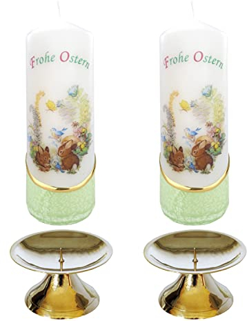 AUSWAHL * 2 Stück Osterkerze Stumpenkerze Osterdeko * 6 x 18 cm * inkl. 2 Kerzenständer aus Messing * mit farbigen Wachs- und Bildauflagen * AUSWAHL Motiv + Farbe * grün * (Serie 2 - Set 15/-2)