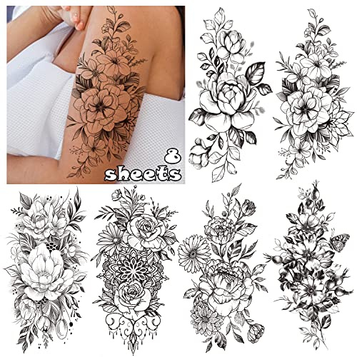 Temporäre Tattoos Erwachsene, 3D Rose Blume Arm Fake Tattoo | Klebe Tatoos Aufkleben Erwachsene Damen, Karneval Fasching Deko, Party Geschenk