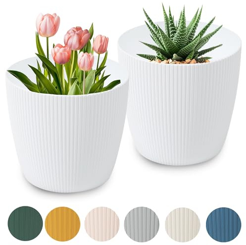 PECZEKO Matte Blumentöpfe - Deko Pflanztopf für Blumen & Kräuter - Langlebige & leichte runde Kunststoff-Pflanzentöpfe für Wohn- & Esszimmer, Küche, Terrasse, Balkon - 2er-Set - (Weiß, ø 16 cm)