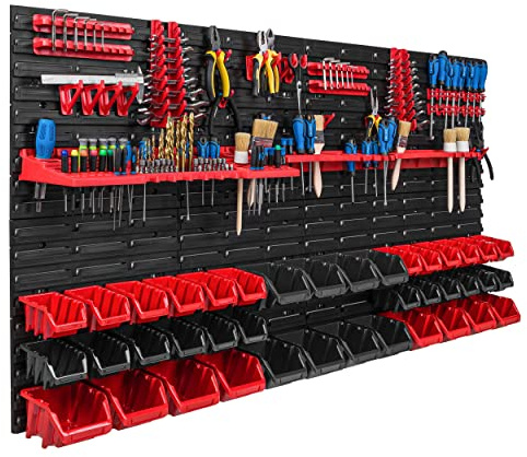 Lagersystem Werkstattregal | 156 x 78 cm | 40 stck. Box | Wandregal mit Werkzeughalterungen und Stapelboxen - Wandplatten Extra Starke Schüttenregal Warkzeuglochwand Lagerregal Garage Regal