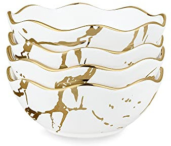 fanquare Lot de 4 Bols à Céréales Marbre Blanc Doré, Ensemble de Bols à Ramen Japonais, Petits Bols en Céramique pour Soupe, Salade, Riz