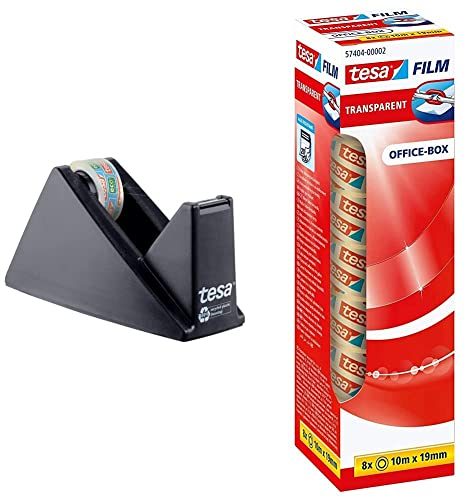 tesa Easy Cut Economy Klebebandabroller mit ecoLogo für Tische/Ökologischer Tischabroller für Klebefilm bis 10 m x 15 mm & film transparent - Transparentes Klebeband - 10 m x 19 mm - 8er Pack