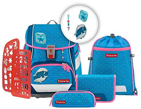Step by Step Schulranzen-Set 2IN1 PLUS „Dolphin Pippa“ 6-teilig, ergonomischer Tornister, höhenverstellbar mit Hüftgurt, für die Grundschule, ab der 1. Klasse, 19L, blau-türkis, Delfin-Design