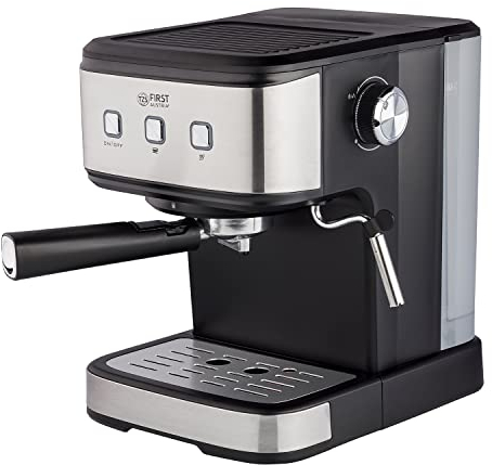 TZS First Austria Espresso Siebträgermaschine elektrisch, mit professionellem Milchschäumer, tauglich für Pads, 1,5 L Wassertank, inkl. 2-in-1 Messlöffel und Tamper, Edelstahl/Schwarz