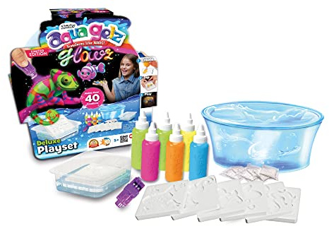 Simba 106322590 - Aqua Gelz Deluxe Set Glowz, 6 Flaschen Farbgel, mit Leuchteffekt, mit Lämpchen, 6 Formen, 8 Wasserzusatz, Schale, Kreativspielset ab 8 Jahre