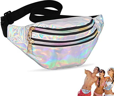 Bauchtasche 80er Jahre Damen,Laser Mode für Damen und Herren, Glitzer, Adjustable Strap, Waterproof, Outdoor Reise Wandern Reisen Urlaub(Silber)